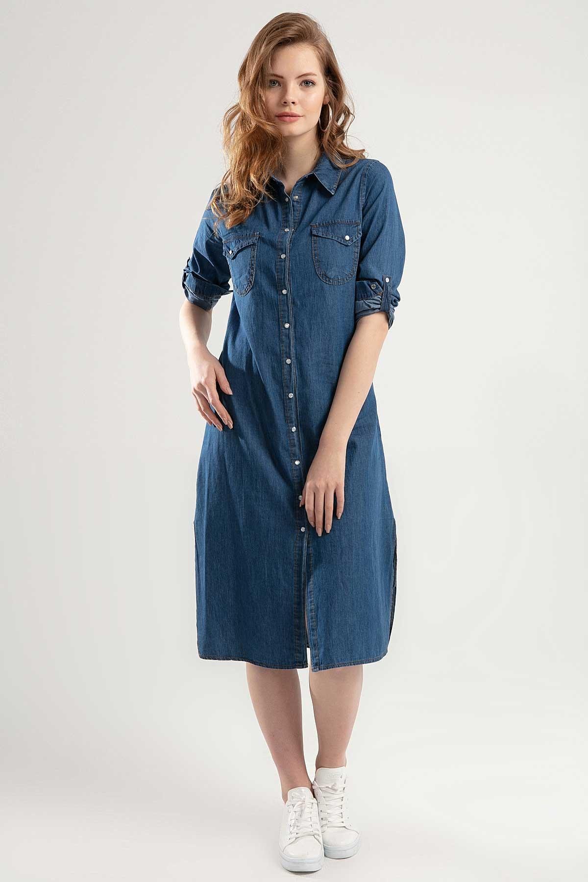 Y-London Kadın Denim Çıtçıtlı Katlanabilir Kol Uzun Elbise Y20S110-5603