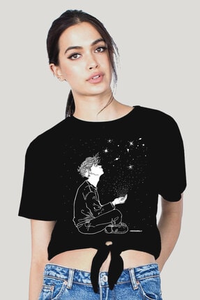Rock & Roll34 Yıldızların Altında Siyah Kesik Crop Top Bağlı Kadın T-shirt