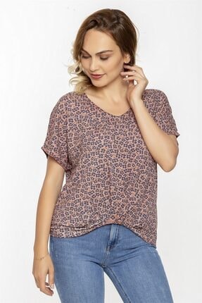 Seamoda V Yaka Mine Çiçek Desen Önü Düğümlü Yağ Yıkama Tshirt-pembe