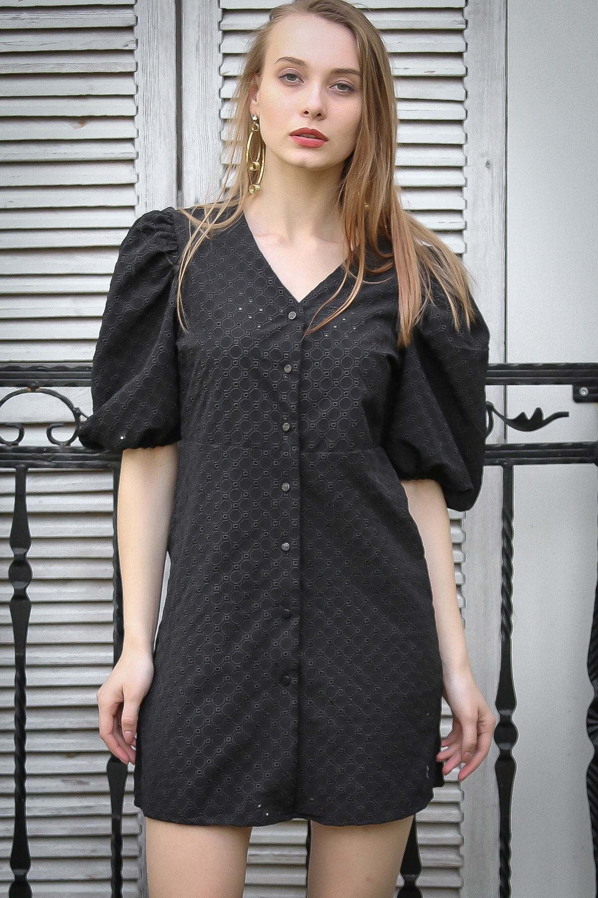 Chiccy Kadın Siyah Vintage Karpuz Kol Düğme Detaylı Geometrik Desenli Fisto Astarlı Elbise M10160000EL96761
