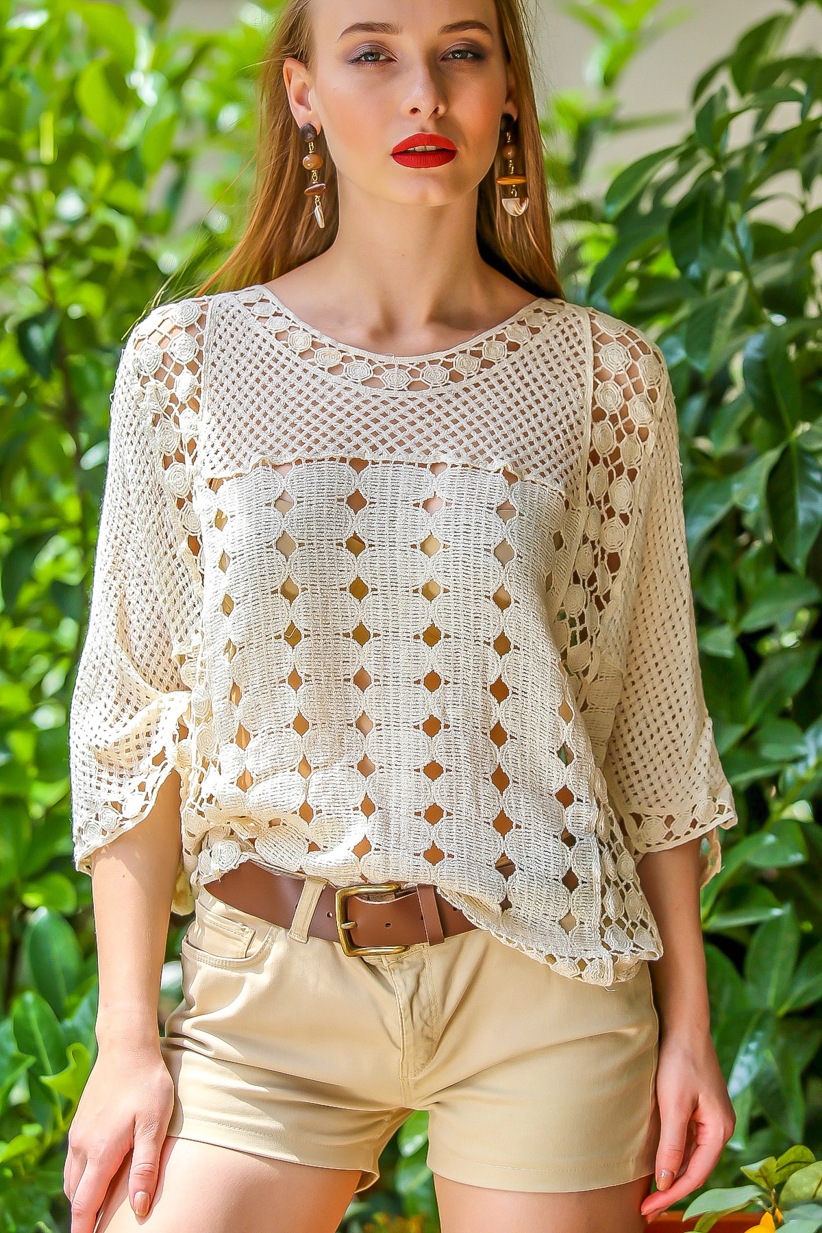 Chiccy Kadın Ekru Retro Geometrik Desenli Yarasa Kol Tığ İşi Bluz M10010200BL96205