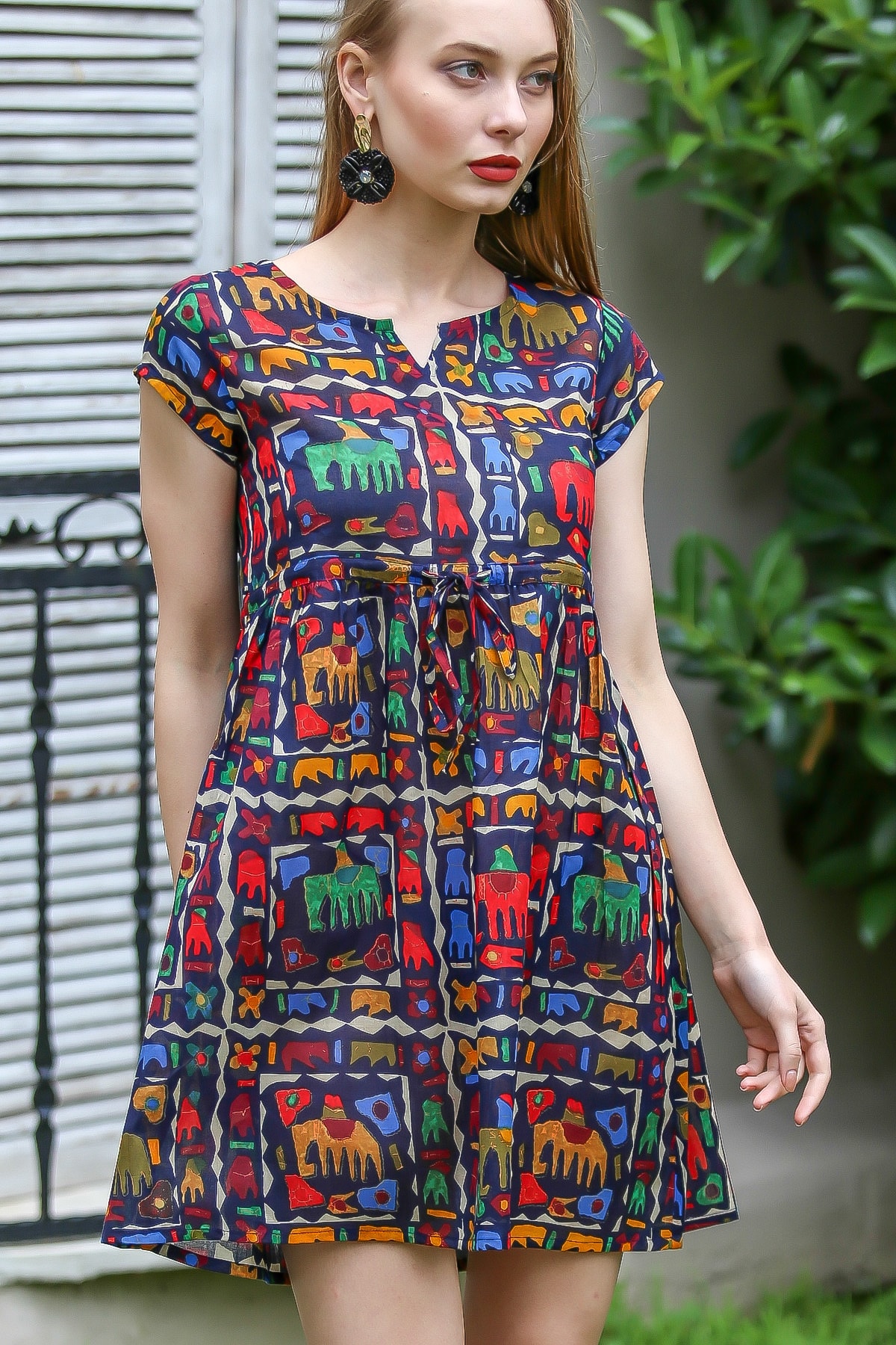 Chiccy Kadın Siyah Bohem Fil Baskılı Robadan Büzgülü Tunik Elbise M10160000EL96690