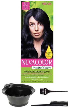 Neva Color Natural Colors 1.1 Mavi Siyah - Kalıcı Krem Saç Boyası Ve Saç Boyama Seti 7681655541324
