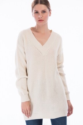 Cotton Mood 8360007 Triko Selanik Geniş V Yaka Salash Tunik EKRU