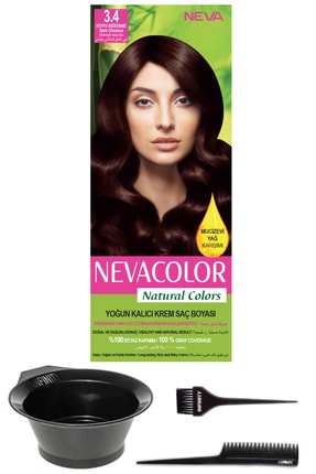 Neva Color Natural Colors 3.4 Koyu Kestane - Kalıcı Krem Saç Boyası Ve Saç Boyama Seti