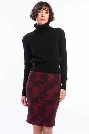 Cotton Mood 8474752 Balıksırtı Çiçek Desenli Beli Lastikli Kalem Etek BORDO
