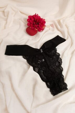PrettyChic Kadın Siyah Dantelli Kuşak Kenarlı Taş Detaylı Brezilya Külot