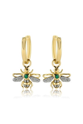 Valori Jewels Kraliçe Arı, Yeşil Beyaz Swarovski Zirkon Taşlı, Altın Rengi Gümüş Küçük Boy Taşsız Halka Charm Küpe