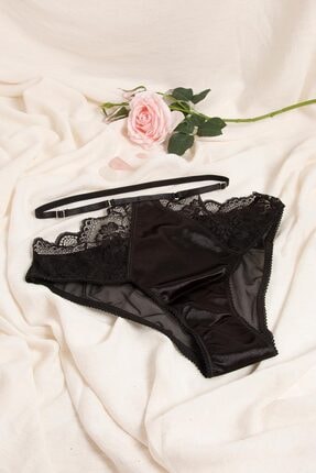 PrettyChic Kadın Siyah Dantel Ve Lastik Detaylı Yüksek Bel Bikini Külot