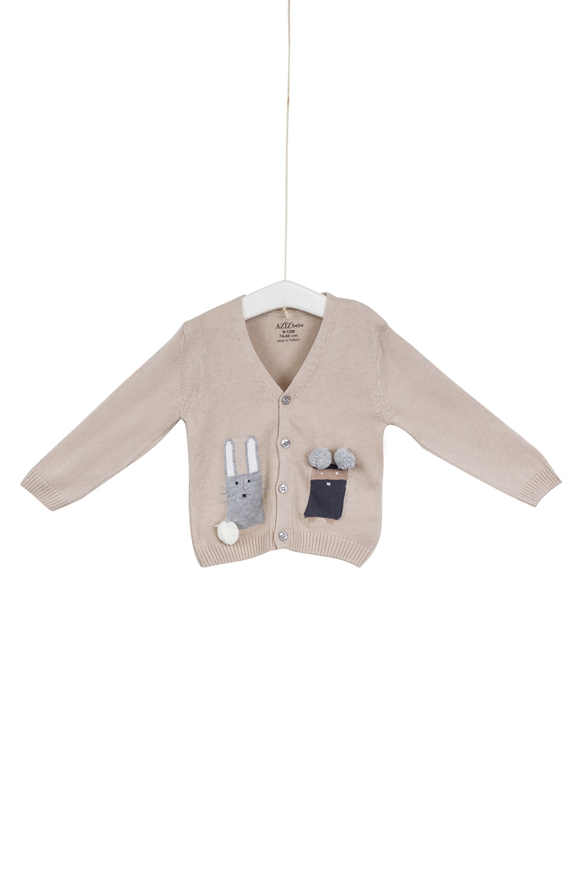 Aziz Bebe Unisex Bebek Bej Tavşancık Desenli Ponponlu Hırka Azzt18419