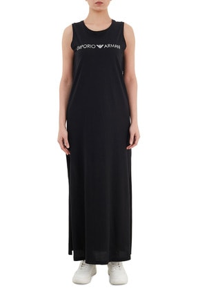Armani Kadın Siyah Logo Baskılı Bisiklet Yaka Maxi Elbise 262635 1p340 98320
