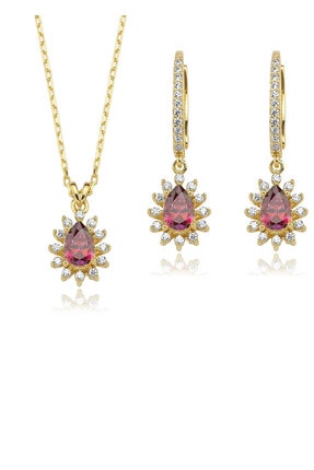 Valori Jewels Zirkon Kırmızı Damla Taşlı Altın Rengi Gümüş İkili Set