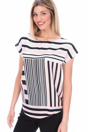 Cotton Mood 8181871 Viskon Geometrik Pano Desenli Yarasa Kol Bluz Pudra