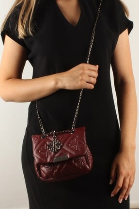 Luwwe Bag's Kadın Bordo Motif İşlemeli Zincir Askılı Mini Omuz Çantası
