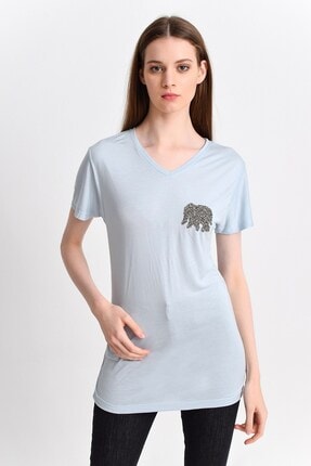 Cotton Mood Kadın Mavi Süprem Göğsü Fil Taşlı Kısa Kol V Yaka Bluz 9282823