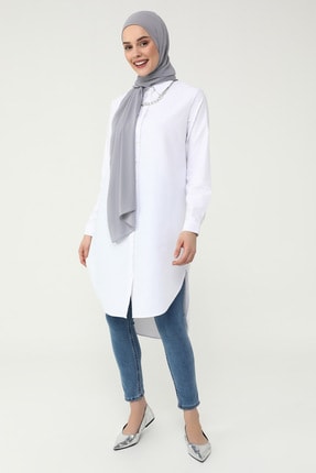 Refka Kadın Beyaz Yırtmaç Detaylı Poplin Gömlek Beyaz Refka Casual 1885328