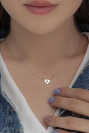 Dalmarkt Kalp Figürlü N Harfi Üzeri White Gold Kaplama Kolye 925 Ayar Gümüş. N Harf Kalp Figürlü Kolye