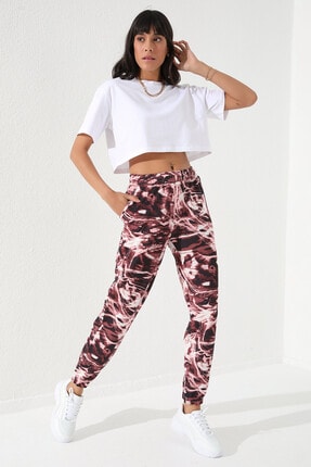 TOMMY LIFE Bordo Kadın Karışık Baskı Desenli Jogger Rahat Form Lastik Paça Eşofman Alt-94597