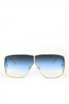 Hane14 Grand Visor Gold Metal Çerçeveli Kare Büyük Unisex Güneş Gözlüğü Degrade Mavi