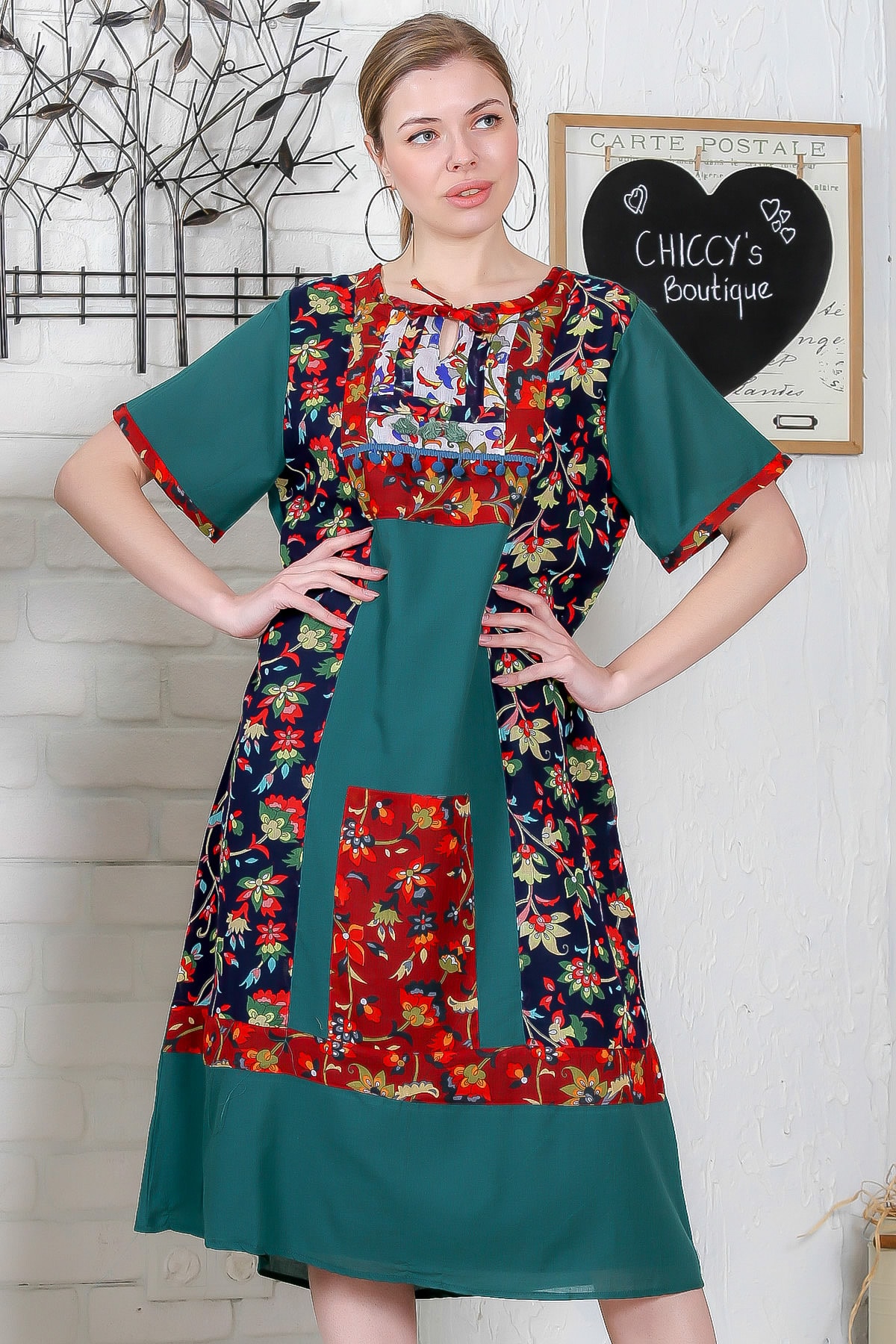 Chiccy Kadın Yeşil Sıfır Yaka Tülbent Bloklu Astarlı Kısa Kollu Elbise M10160000EL95296