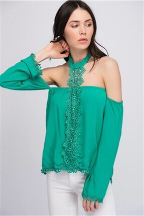 Cotton Mood 8161171 Şile Bezi Güpürlü Boğazı Bantlı Düşük Omuz Bluz Yesıl