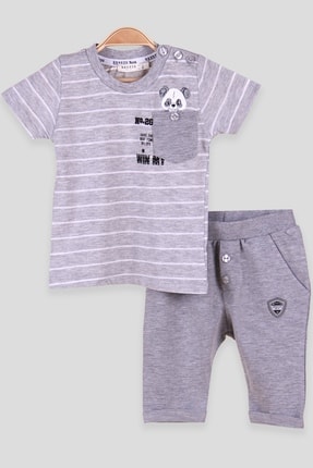 Breeze Erkek Bebek Eşofman Takımı Cebinde Panda Baskılı Gri (6 Ay-2 Yaş)