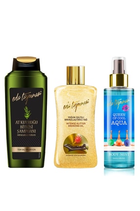 Eda Taşpınar Yoğun Işıltılı Bronzlaştırıcı Yağ 200 ml ve At Kuyruğu Bitkisi Şampuanı 400 ml Body Mist Aqua 200ml