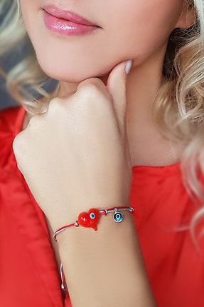 VAOOV Kadın Kırmızı El Yapımı Murano Camı Nazarlı Kalp Bileklik