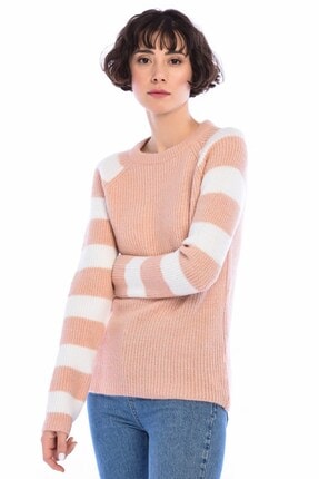 Cotton Mood Kadın Pudra Triko Yumoş İp Kolu Çizgi Garnili Reglan Kol Kazak 8516161