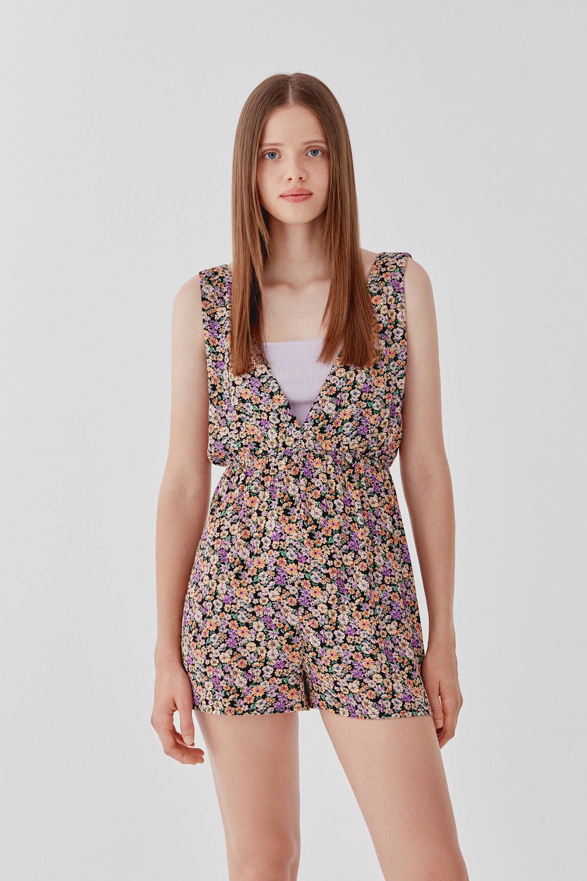 Pull & Bear Kadın Kavruk Turuncu Askılı V Yaka Kısa Tulum 09639306