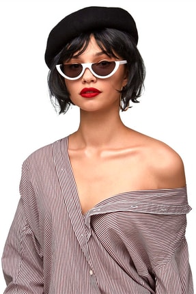 Hane14 True Love Yarım Çerçeveli Siyah Camlı Cat Eye Unisex Güneş Gözlüğü Beyaz