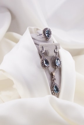 Faber Silver Otantik Aqua Taşlı Takı Seti Kolye Yüzük Küpe 925 Ayar Gümüş