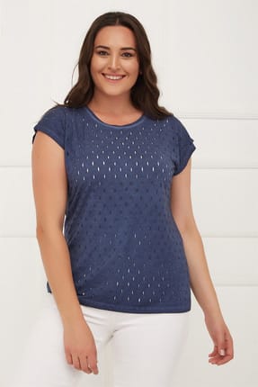 Seamoda Kadın Yağ Yıkamalı Delikli T-Shirt Koyu Mavi-Bb PRA-236315-138847