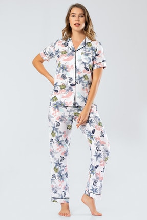 TÜREN % 100 Viskon Ekru Dokuma Çiçekli Gömlek Kısa Kollu Kadın Pijama Takım
