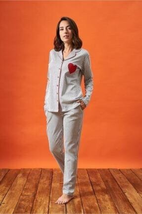 PJS PİJAMA Kadın Gri Düğmeli Çizgili Kalp Nakışlı Pijama Takım