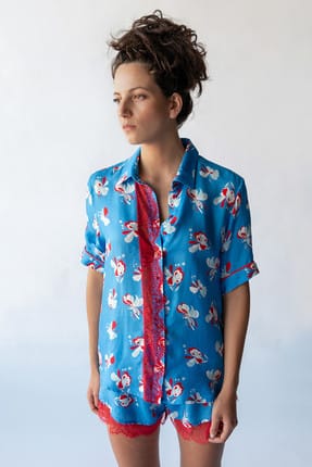 Hays Kadın Koral Çiçek Desenli Gömlek Yaka Dantel Detaylı Kısa Kollu Cupro Pijama Üstü