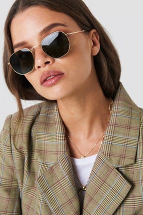 Hane14 Unisex Beşgen Güneş Gözlügü 5331 Gold Metal Çerçeveli Küçük Siyah