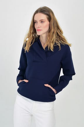 Hanna's Kadın Lacivert Kapşon Detaylı Önden Cepli SweaT-Shirt Hn365