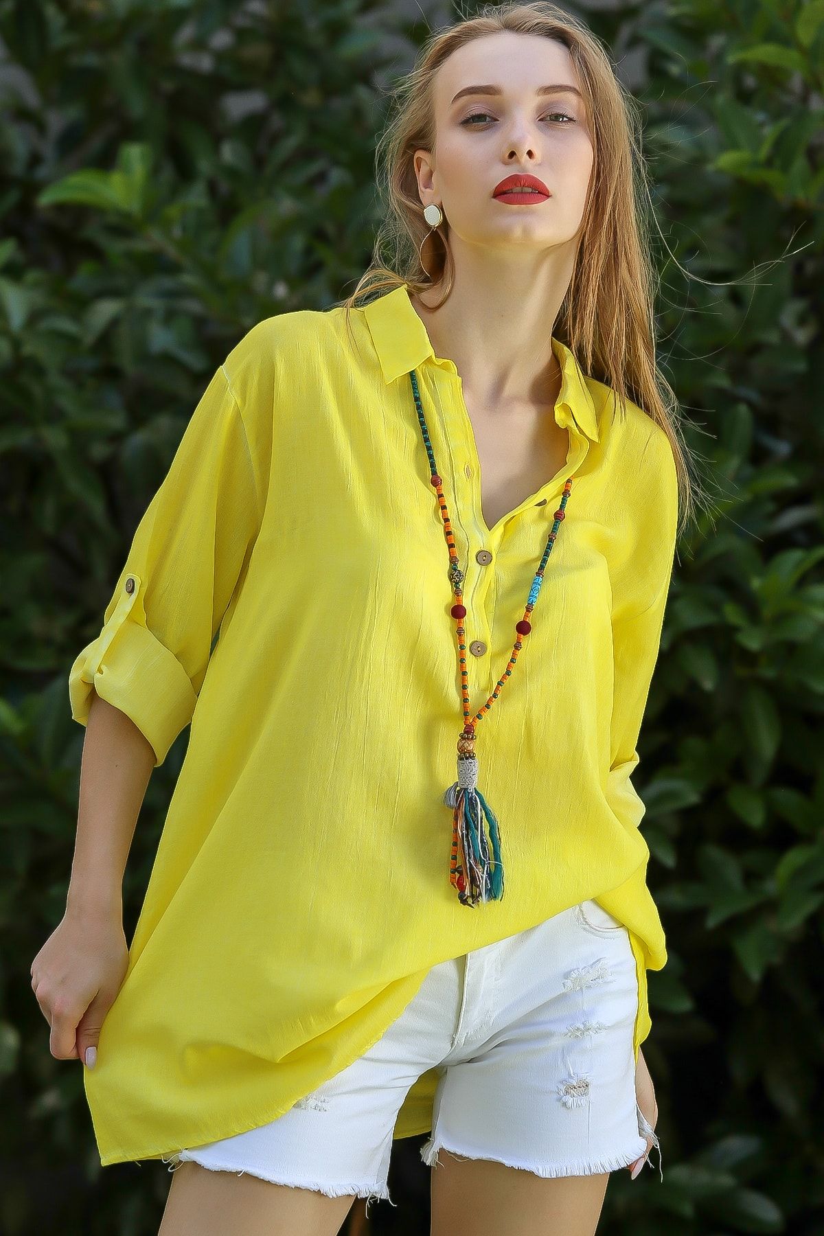 Chiccy Kadın Neon Sarı Casual Gömlek Yaka Pat Detaylı Yıkamalı Tunik Bluz M10010200Bl96076