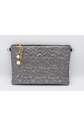 Dsn Kadın Gümüş Yıldız Desenli Askılı Portföy Clutch Çantası 4269