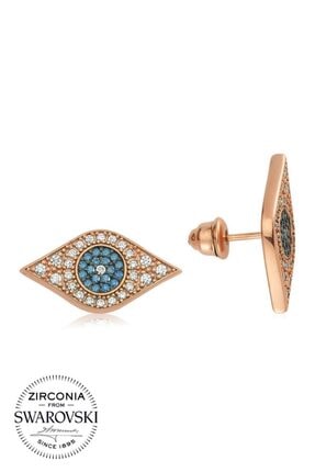 Valori Jewels Mavi Nazar Gözü, Swarovski Zirkon Mavi Ve Beyaz Taşlı, Rose Gümüş Küpe
