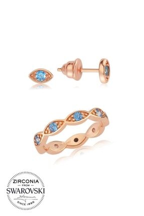 Valori Jewels Nokta Nazar Gözü Tamturlu, Swarovski Zirkon Mavi Taşlı, Rose Gümüş Set