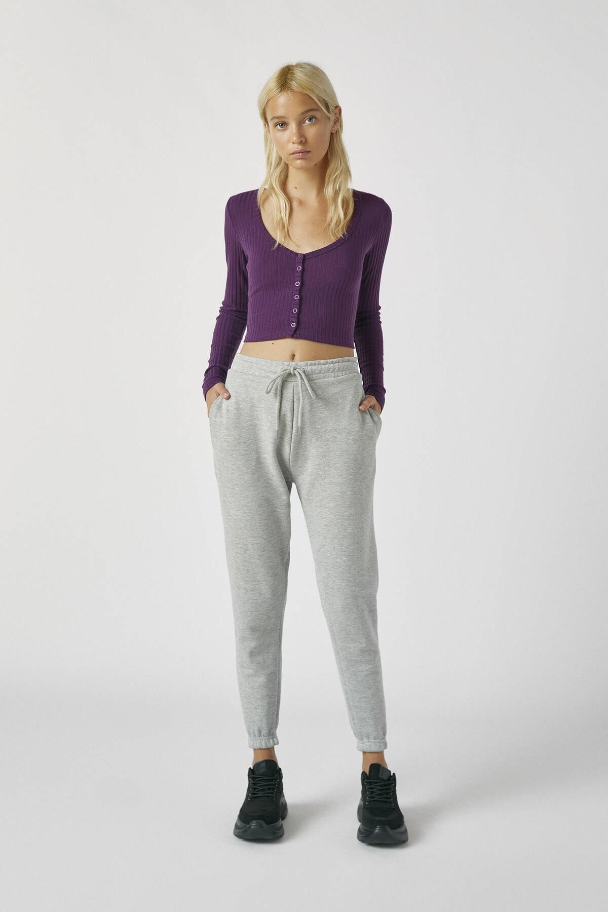 Pull & Bear Kadın Melanj Gri Elastik Paçalı Basic Jogging Fit Pantolon 05670324