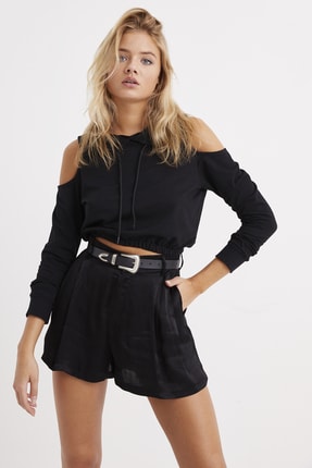 Cool & Sexy Kadın Siyah Omuzları Açık Beli Büzgülü Kapüşonlu Sweatshirt B158