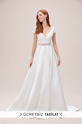 Oleg Cassini Kadın Fildişi Rengi Kısa Kollu V Yaka Mikado Balo Tipi Gelinlik 4XL23W018146