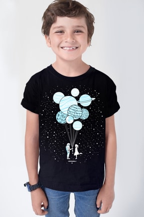 Rock & Roll34 Balon Gezegenler Siyah Kısa Kollu Kız Erkek Uniseks Çocuk T-shirt