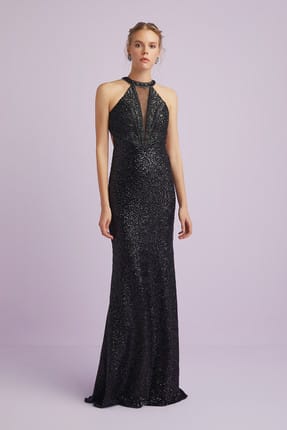 Oleg Cassini Kadın Siyah Halter Yaka Taş İşlemeli Abiye Elbise 4XLVCRR8406