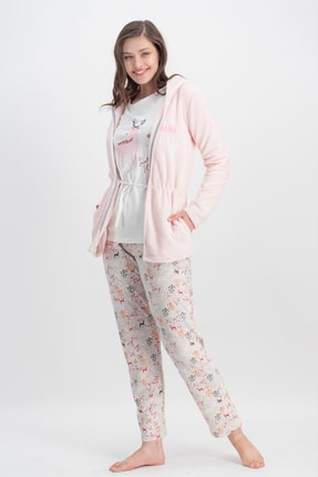 Arnetta Kadın Krem Sweet Flower Dee Pijama Takımı, Sabahlık 3'Lü Takım