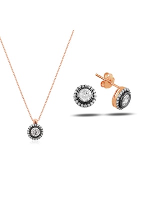 Rams Gümüş Kadın Elmas Montürlü Tektaş Kolye ve Küpe Set RGS90055
