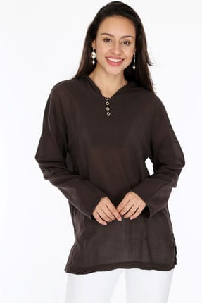 Patiska Kadın Kahverengi Kapşonlu Önü Üç Düğmeli Sweatshirt 4005